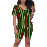 Casual Print Striped V Neck Two Piece Short Set