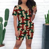 Casual Print Striped V Neck Two Piece Short Set