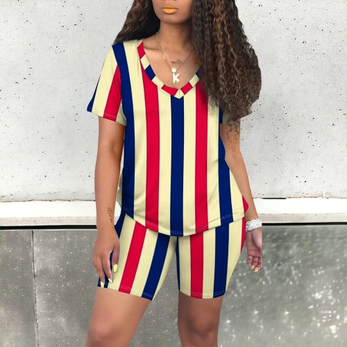 Casual Print Striped V Neck Two Piece Short Set