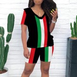 Casual Print Striped V Neck Two Piece Short Set
