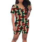 Casual Print Striped V Neck Two Piece Short Set