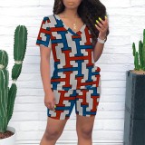 Casual Print Striped V Neck Two Piece Short Set