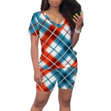 Casual Print Striped V Neck Two Piece Short Set