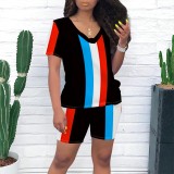 Casual Print Striped V Neck Two Piece Short Set