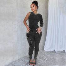 Elasticity Cotton Threaded Single Shoulder Distressed Jumpsuits