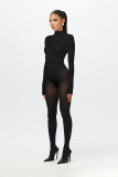 Solid High Neck stitching Long Sleeves One Piece Rompers