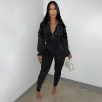 Solid Washed Distressed Deep V Long Sleeve Jumpsuit