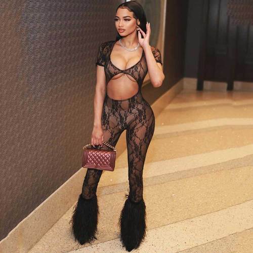 Sexy See Through Lace Navel-Baring Hollow Out Jumpsuit