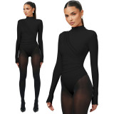 Solid High Neck stitching Long Sleeves One Piece Rompers