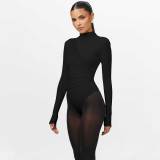 Solid High Neck stitching Long Sleeves One Piece Rompers