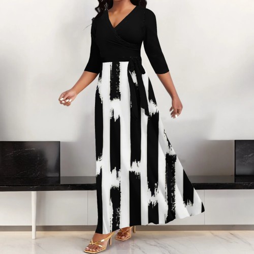 Custom Casual Print Lace Up V Neck Maxi Long Dresses
