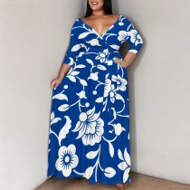 Casual Daily Flowers Print Lace Up V Neck Printed Plus Size Dresses