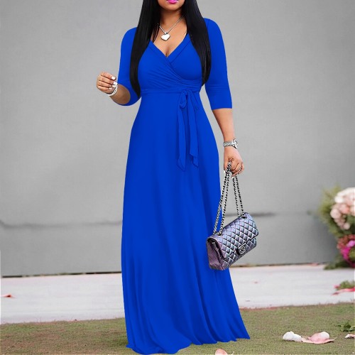 Custom Women's V Neck 3/4 Sleeve Long Maxi Dress