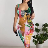Custom Casual Printed Square Neck Sleeveless Midi Dress