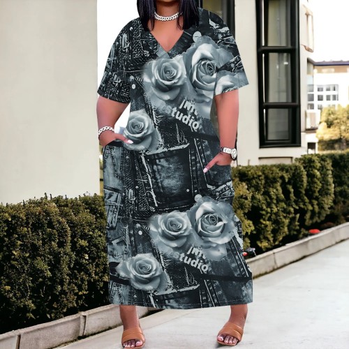 Custom Large Size Casual Printed Outfits V Neck Maxi Dress