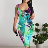 Custom Casual Printed Square Neck Sleeveless Midi Dress