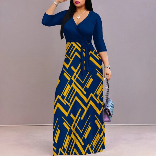 Custom Printed Women's V Neck 3/4 Sleeve Long Maxi Dress