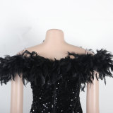 Women's Off Shoulder Fuzzy Trim Sequins Bodycon Dresses