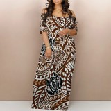 Sexy Boho Graphics Print Off Shoulder Short Sleeve Maxi Dresses