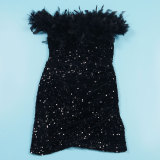 Women's Off Shoulder Fuzzy Trim Sequins Bodycon Dresses