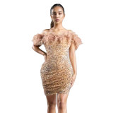 Women's Off Shoulder Fuzzy Trim Sequins Bodycon Dresses