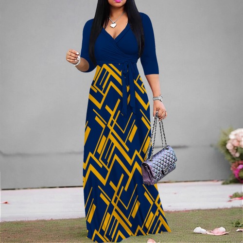 Custom Printed Women's V Neck 3/4 Sleeve Long Maxi Dress