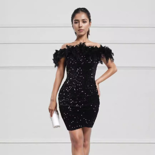 Women's Off Shoulder Fuzzy Trim Sequins Bodycon Dresses