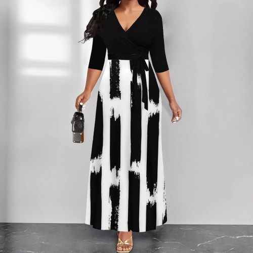 Custom Casual Print Lace Up V Neck Maxi Long Dresses