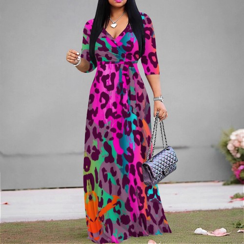 Custom Printed Women's V Neck 3/4 Sleeve Long Maxi Dress