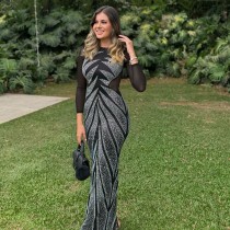 Women Hot Drilling See-Through Patchwork Bodycon Elastic Slit Dress