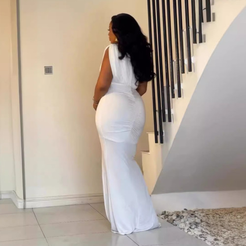 Solid Pleated Elastic Hip-wrapped Slit Sleeveless Long Dresses