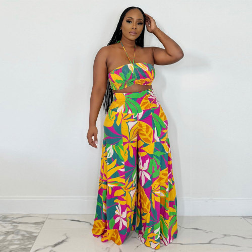 Casual Printed Halter Strapless Tops Wide-leg Pants Set