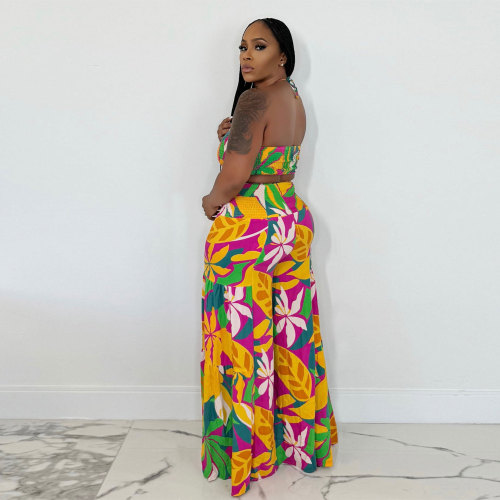 Casual Printed Halter Strapless Tops Wide-leg Pants Set