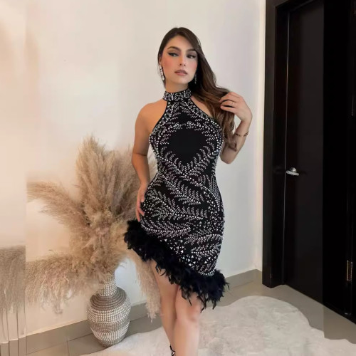 Sexy Hot Drilling Feather Sleeveless Stretch Beaded Bodycon Dress
