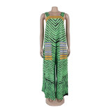 Casua Graphic Print Square Neck Sleeveless Irregular Hem Maxi Dress