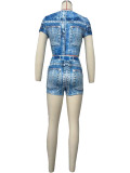 Sexy Faux Denim Print Patchwork O Neck Short Sleeve Two Pieces