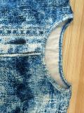 Sexy Faux Denim Print Patchwork O Neck Short Sleeve Two Pieces