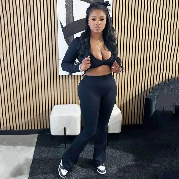 Available Solid Crop Top High Waist Flared Sports Pants Casual Three Pieces