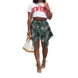 Summer Printed Preppy Style High Waist Plaid Belted Midi Asymmetrical Skirts
