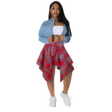 Summer Printed Preppy Style High Waist Plaid Belted Midi Asymmetrical Skirts