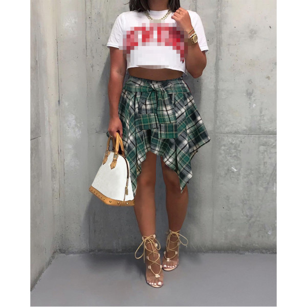 Summer Printed Preppy Style High Waist Plaid Belted Midi Asymmetrical Skirts