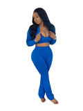 Available Solid Crop Top High Waist Flared Sports Pants Casual Three Pieces