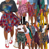 Summer Printed Preppy Style High Waist Plaid Belted Midi Asymmetrical Skirts