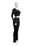 Available Solid Crop Top High Waist Flared Sports Pants Casual Three Pieces