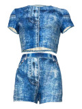 Sexy Faux Denim Print Patchwork O Neck Short Sleeve Two Pieces