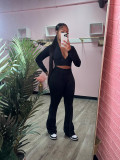 Available Solid Crop Top High Waist Flared Sports Pants Casual Three Pieces