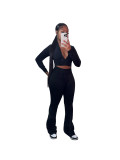 Available Solid Crop Top High Waist Flared Sports Pants Casual Three Pieces