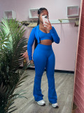 Available Solid Crop Top High Waist Flared Sports Pants Casual Three Pieces