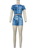 Sexy Faux Denim Print Patchwork O Neck Short Sleeve Two Pieces
