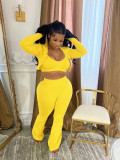 Available Solid Crop Top High Waist Flared Sports Pants Casual Three Pieces